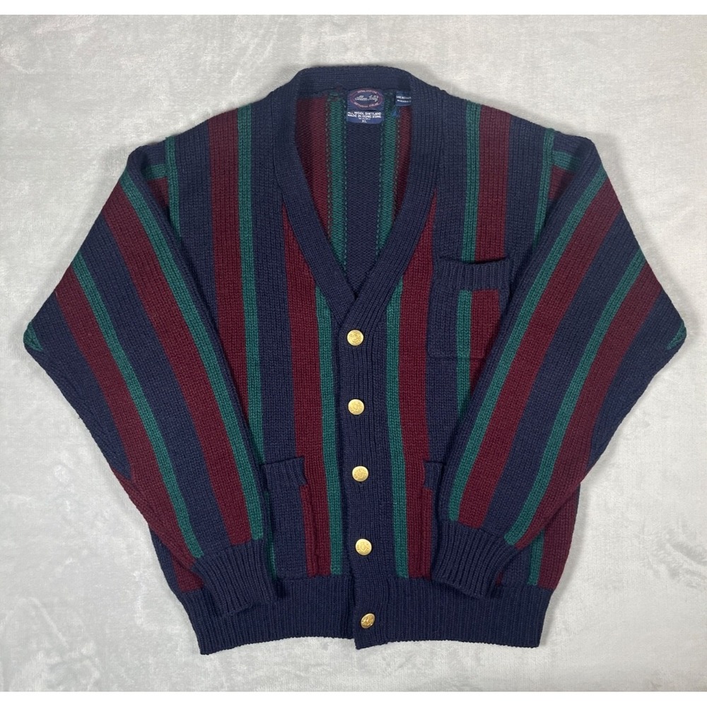 Vintage Allen Solly Cardigan Sweater Men XL Navy Burgundy Green Stripe Shetland